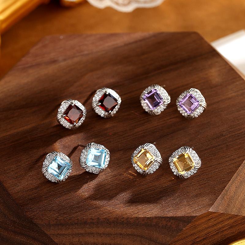 Princess Personality Wind S925 Sterling Silver Sugar Cube Earrings Inlaid with Natural Garnet Crystal Topaz Earrings