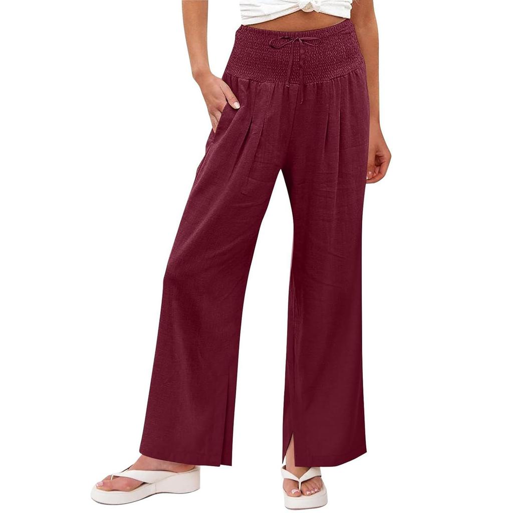 Women Elastic High Waist Pant Casual Fit Wide Leg Long Pants Trousers With Pockets