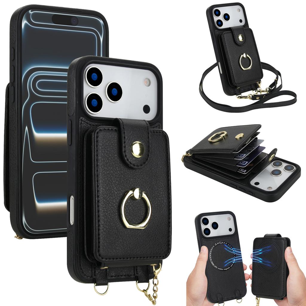 Crossbody 2 In 1 Magnetic Zipper Cards Solt Leather Wallet Case For iPhone 17 Pro Max 16 Plus 15 14 13 12 11 Long Lanyard Cover