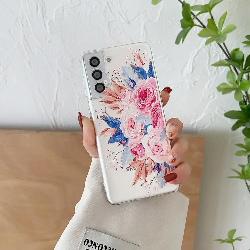 Süße handbemalte Handyhülle mit Blumen für Samsung S25 S24 S22 S21 FE Ultra Klare Silikonhüllen für Samsung Galaxy S23 Plus Ultra Hülle