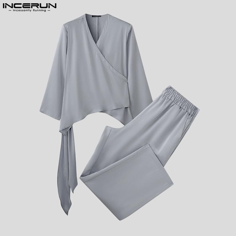 INCERUN 2PCS Men Long Sleeve Irregular TopsLong Straight Pants Sets Two Pieces Outfits