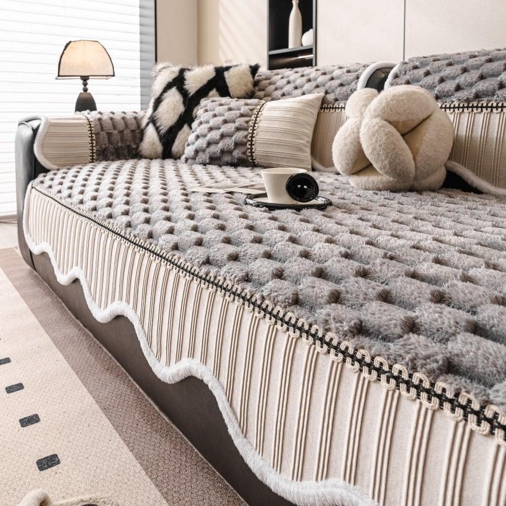 Sofa Cover Sofa Arc Edge Sofa Luxury Non-Slip Seat Soft Thicken Couch Protector Winter Patchwork Fleece Plush Sofa Cushion