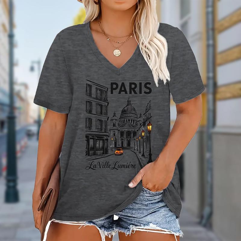 Fashion Love House Painting Blouses Short Sleeved V-Neck T Shirts Casual