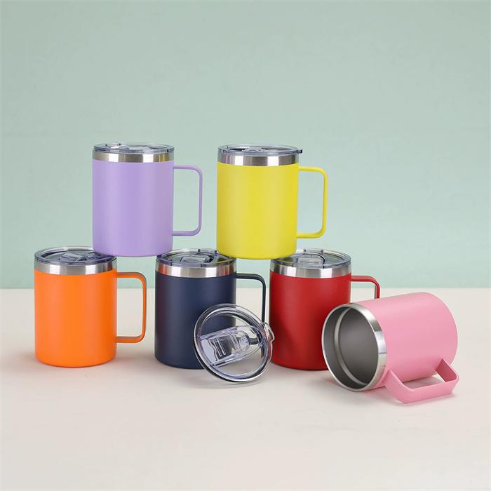 Custom Print Logo Vacuum Insulated 12oz Coffee Mug Cups with Handle Colorful Double Wall 14oz Sliding Lid Tumbler