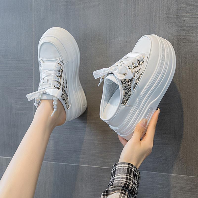 Spring Summer New Fashion Heightening Sneakers Baotou Half Slippers Outside Wear Thick Bottom Leisure Lace Up Tennis Board Shoes