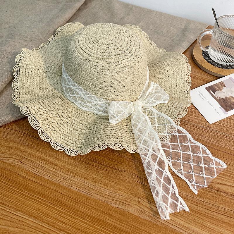 Women's Summer French Style Lace Bowknot Strapped Straw Hat Vacation Beach Sun Hat Wide Brim Sun Protection Hat for Seaside Trips