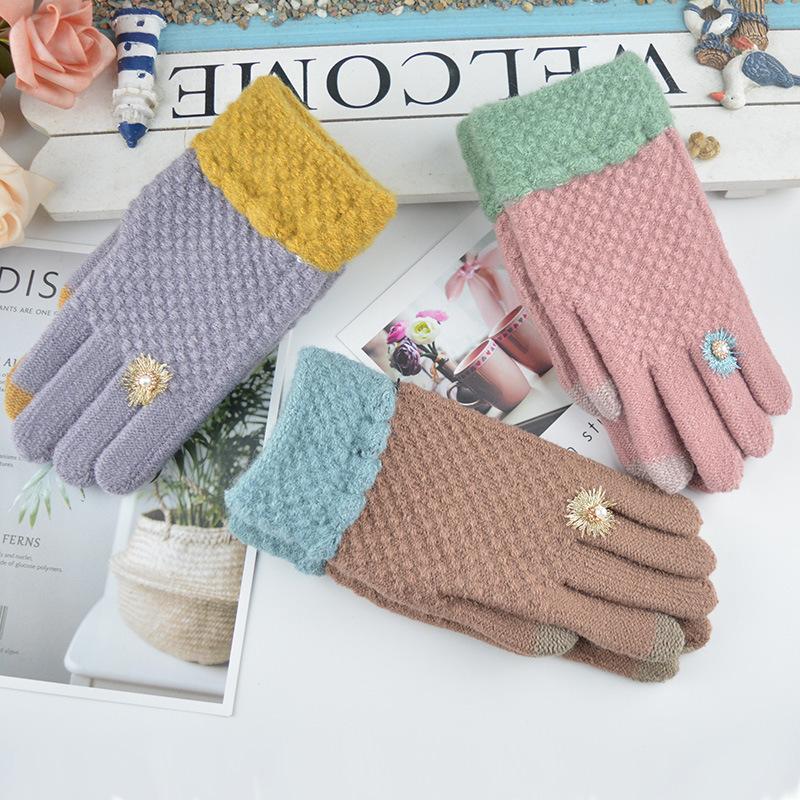 

Новые женские бархатные жаккардовые перчатки, зимние теплые вязаные перчатки с сенсорным экраном, уличные модные перчатки, защищающие от холода average size