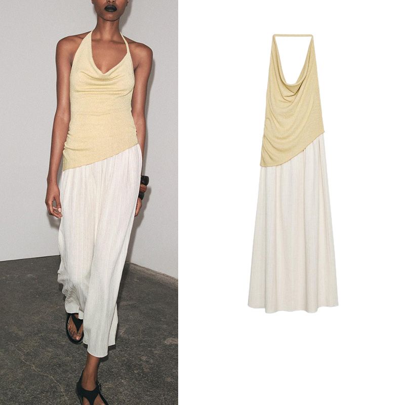 Summer New Women clothes off-the-Shoulder Contrast Color Patchwork Hanging Collar Sleeveless Temperament Long Dress 1165001