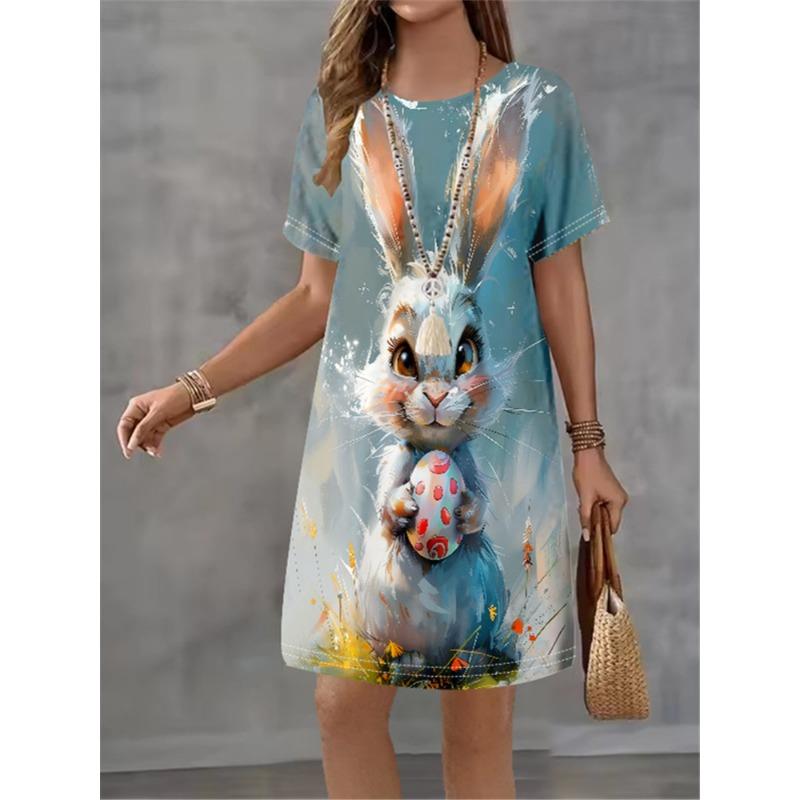 Women Dress Cute Rabbit Pattern Print Design Sense Pattern 2025 Summer Elegant Women A-Line Dress Casual Short Sleeve Mini Dress