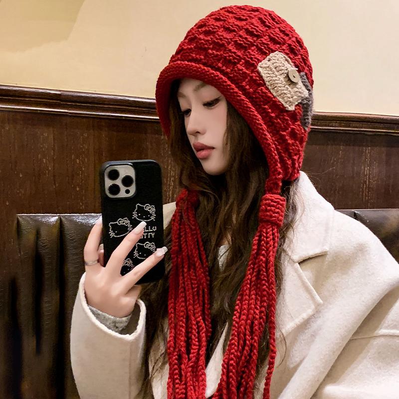 Autumn And Winter Warm Handmade Braid Knitted Hat Trend   Patch Tassel Wool Hat