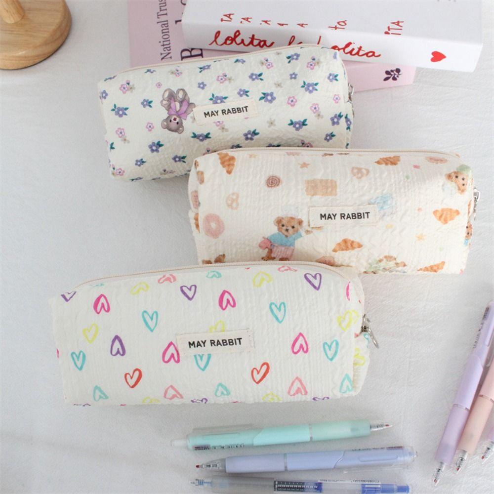 INS Bow Print Pencil Case Large Capacity Student Stationery Storage Bags Back to School Gifts