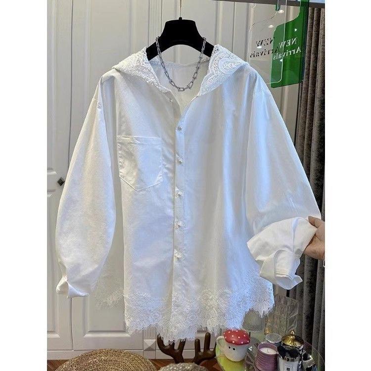 European Fashion Lace Hem Hooded Long Sleeve Women's Loose Shirt for Spring and Autumn