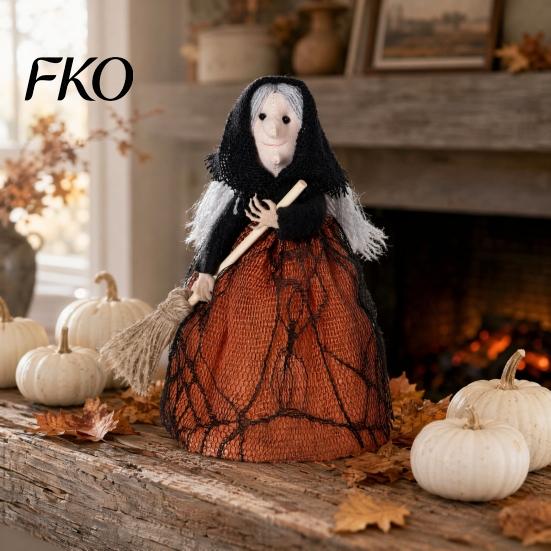Multi-use Witch Decor Halloween Kitchen Doll, Small Statue with Broom, Three-dimensional Tabletop Party Decoration for Table Fireplace Holiday