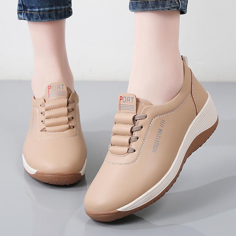 Women Platform Loafers Casual Elegant Leather Khaki Sneakers Thick Sole Height Increase Shake Shoes Large Size