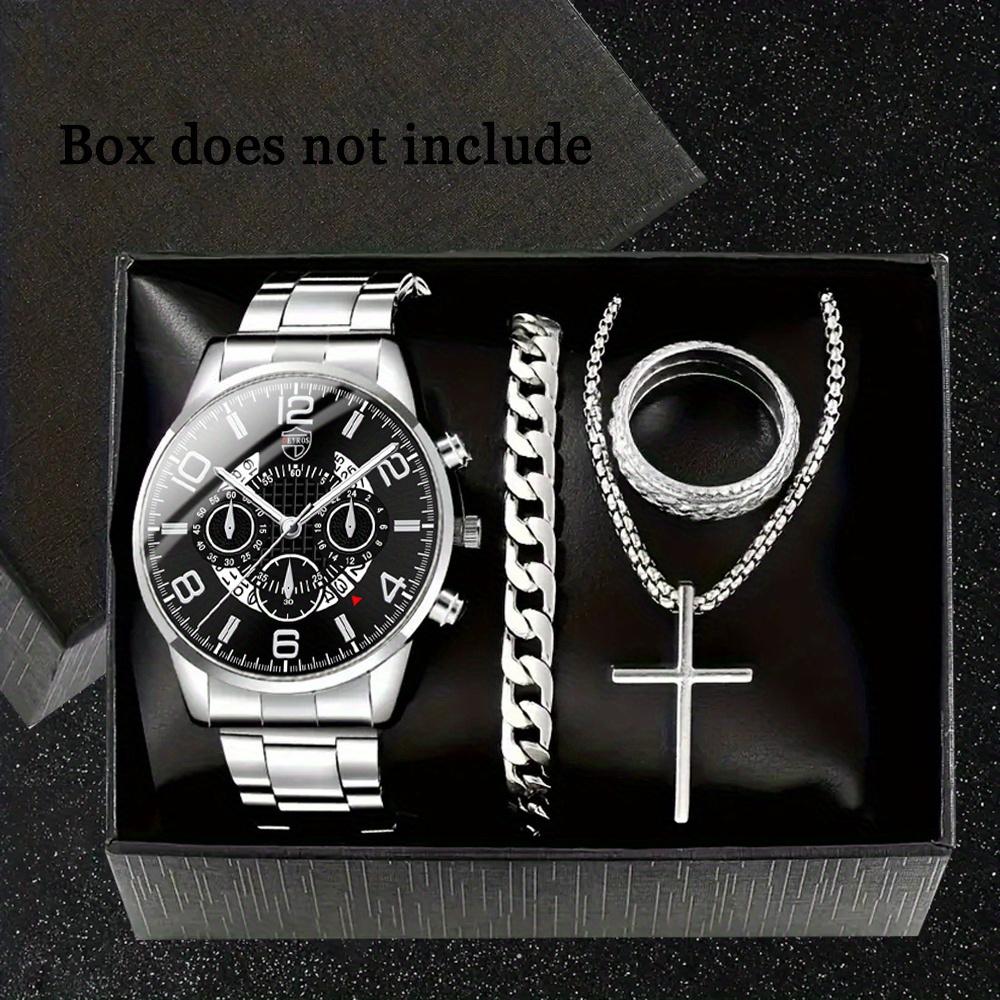 Men's 4-Piece Fashion Watch Set with Quartz Movement: Alloy Case, Stainless Steel Strap, Date Feature, Includes Watch, Bracelet, Cross Necklace, Ring