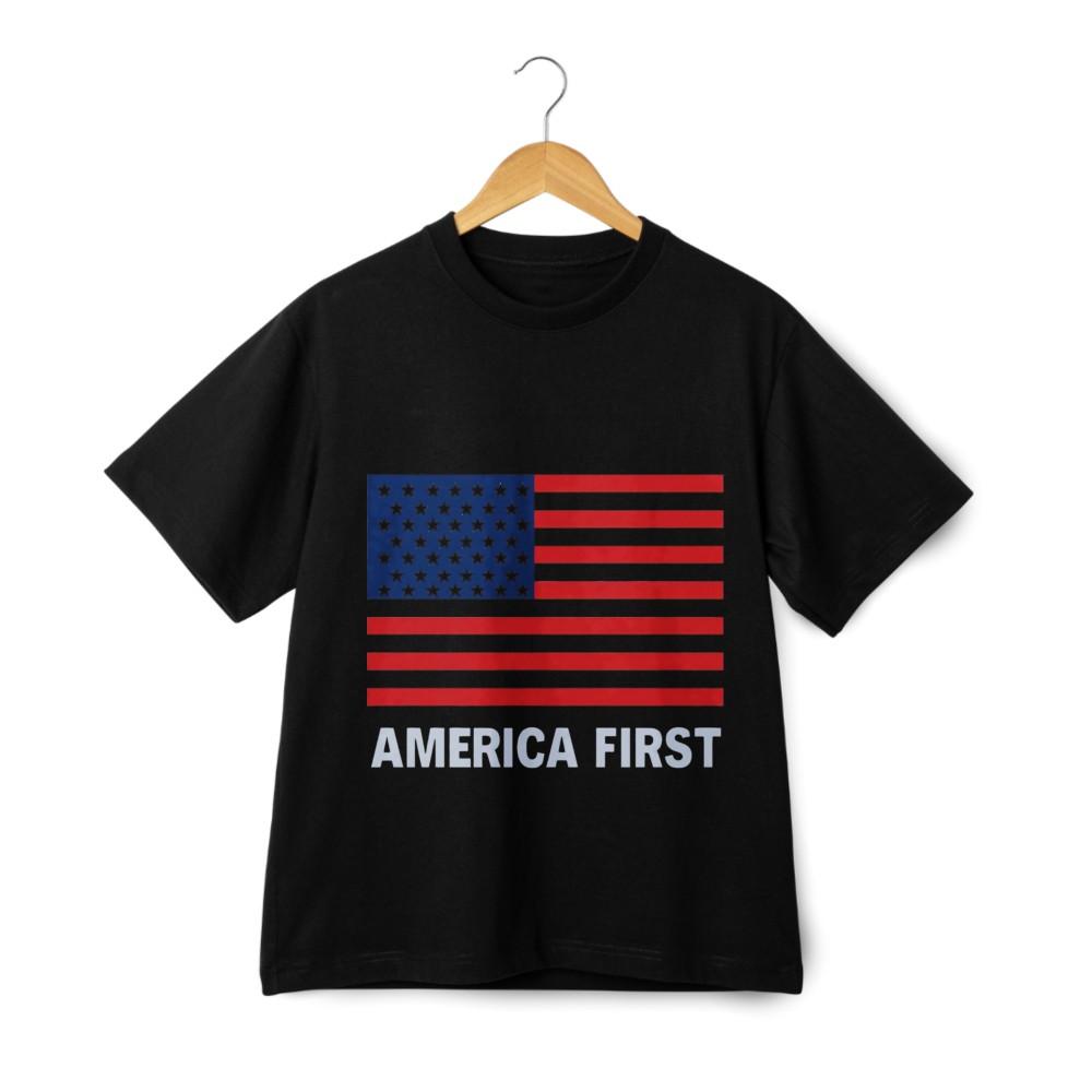 America First Patriotic Flag T-Shirt-Casual Graphic Tee for American Patriots
