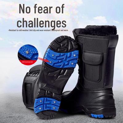 Bottes d'hiver imperméables extra épaisses pour homme avec crampons en acier et doublure en peluche