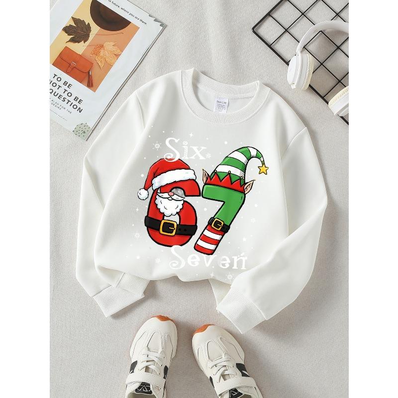 Crew Neck Sweatshirt for Girls Featuring Santa And Elf Designs, Perfect for Autumn And Winter in a Western Style