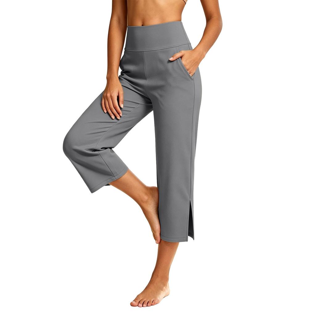 Women High Waist Casual Pants with Pockets Wide Leg Cropped Stretchy Athletic Capris with Side Slits for Everyday Wear