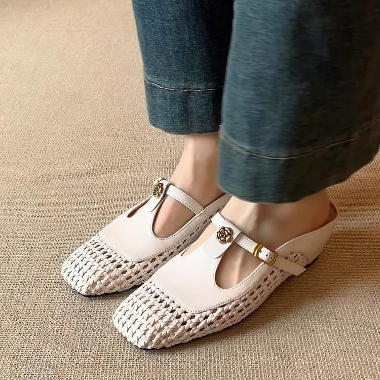 2026 Spring and Summer New Retro Woven Hollow Bag Head Half Drag T-band Mary Jane Shoes Square Head Shallow Mouth