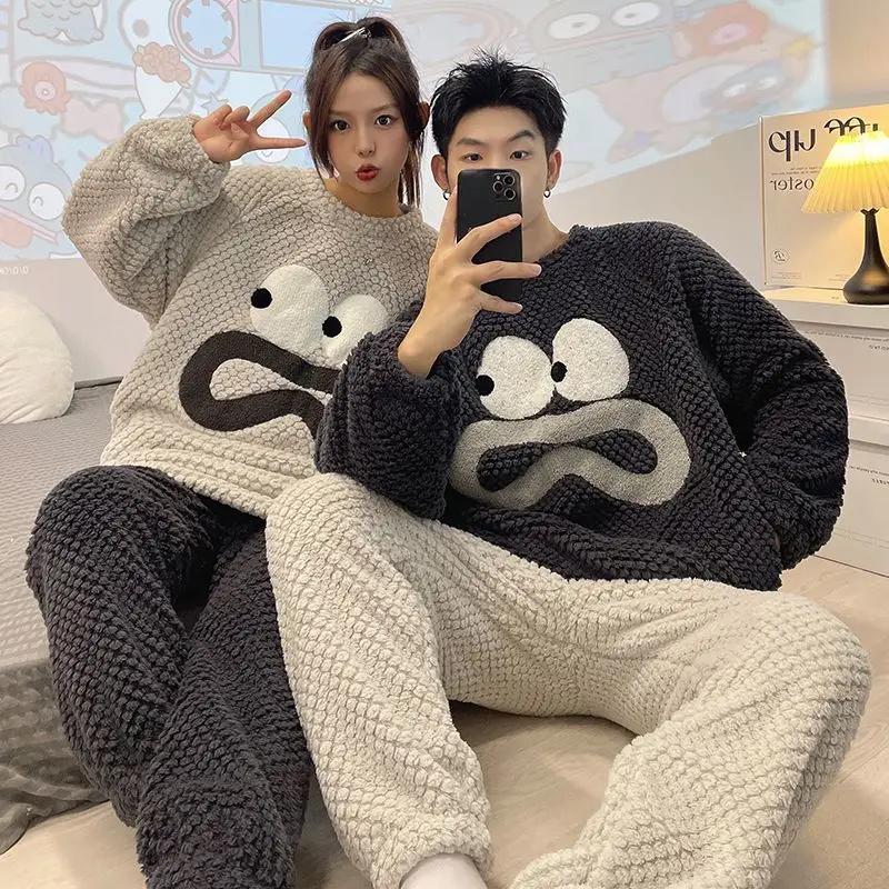 New Coral Velvet Couple Pajamas Women Thickened Autumn Winter Sleepwear Plus Velvet Flannel Men Round Collar Homewear Suit