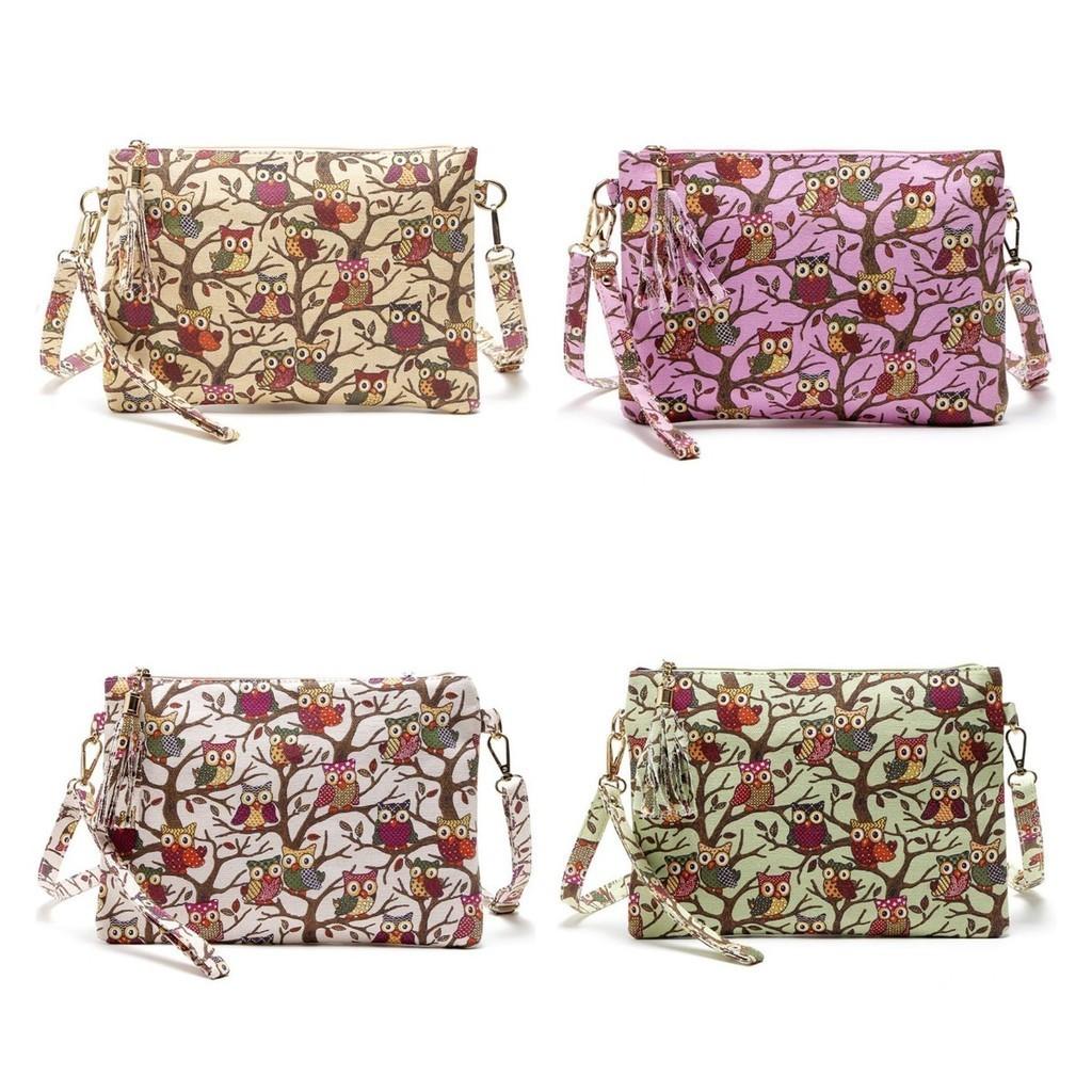 Cartoon Owl Canvas Crossbody Bag With Tassel And Zipper For Women**