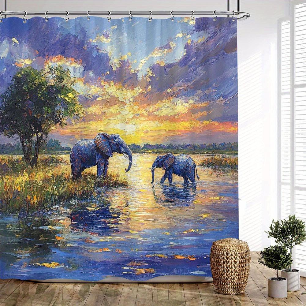 

1pc Extra Long Bathroom Curtain - African Savannah Sunset with Elephants, Machine-Washable Polyester Shower Curtain, Large Bath 90x180cm
