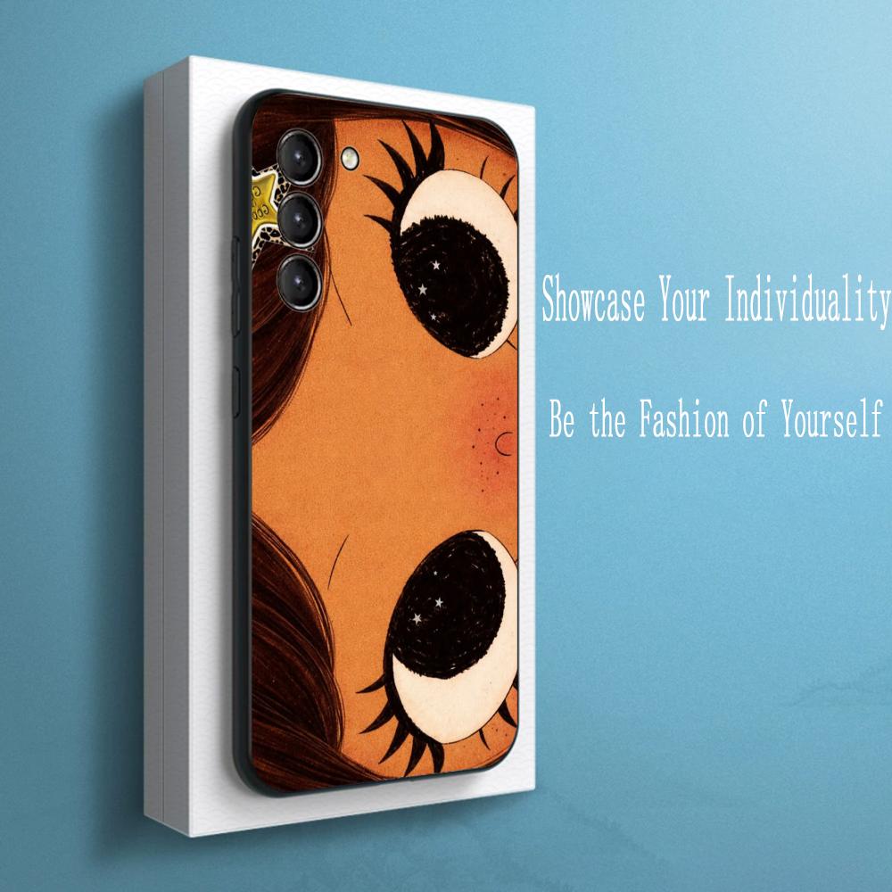 Cute Girl Cartoon Big Eye Design Phone Case For Samsung Galaxy S26 S25 S24 S23 S22 S21 Plus Ultra Note20 Soft Black