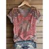 Damen Vintage Stilvolles V-Ausschnitt Kurzarm T-Shirt Floral Geometrischer Print Lässige Normale Oberteile Tägliche Wochenendkleidung für den Sommer