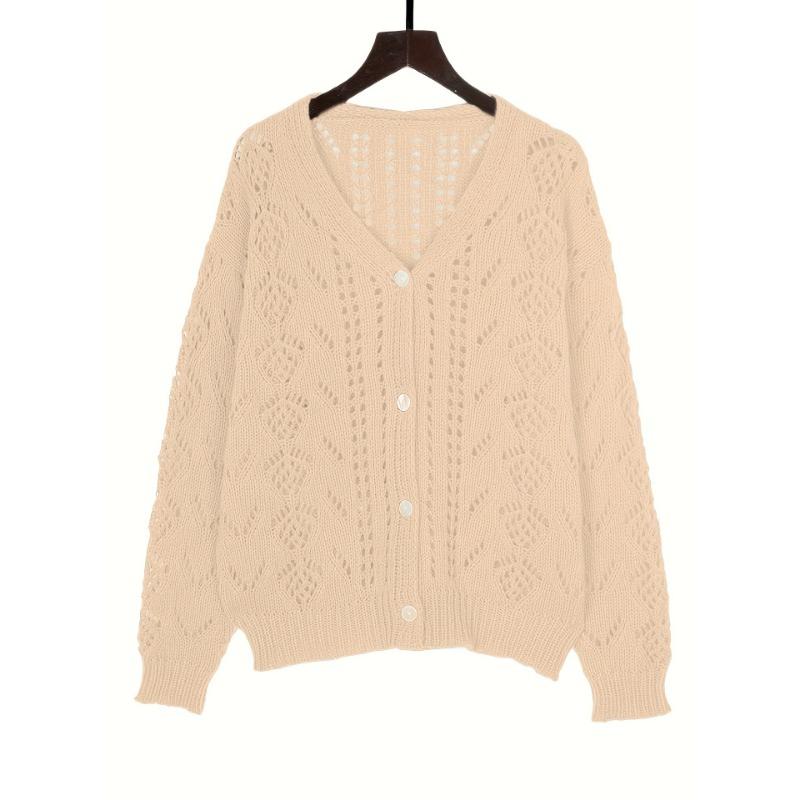 Women's Vintage Knitted Sweater Hollow Out Breathable Button Cardigan V-Neck Outer Solid Colour Top