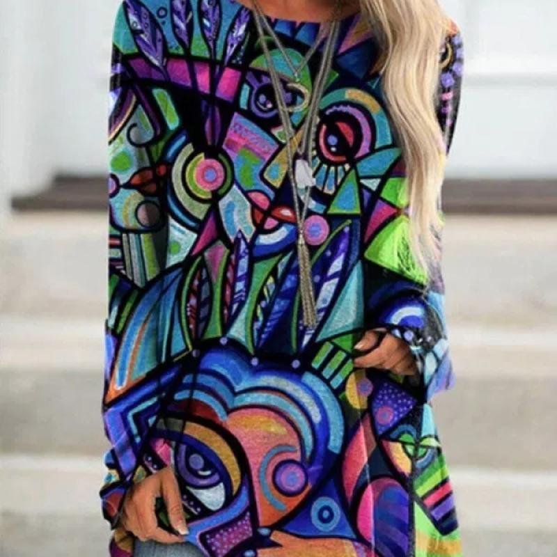 

2024 Осень Зима Женская Блузка Модная Свободная Повседневная Женская Круглая Шея Цветочный Принт Длинные Рукава Футболки Женские Пуловеры L