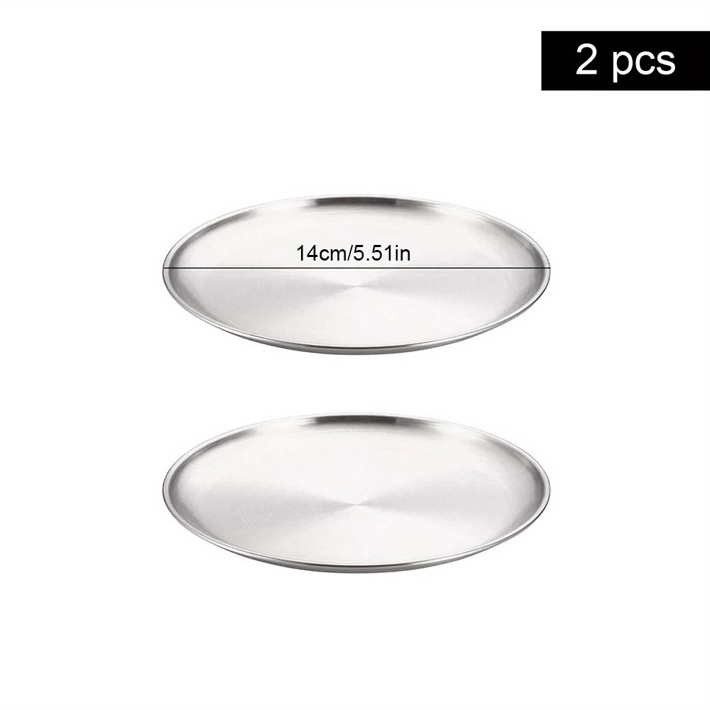 2Pcs Stainless Steel Round Plate Bone Spitting Dish Shallow Tray Metal Camping Plate Dining Disc BBQ Picnic Dishes Cookware