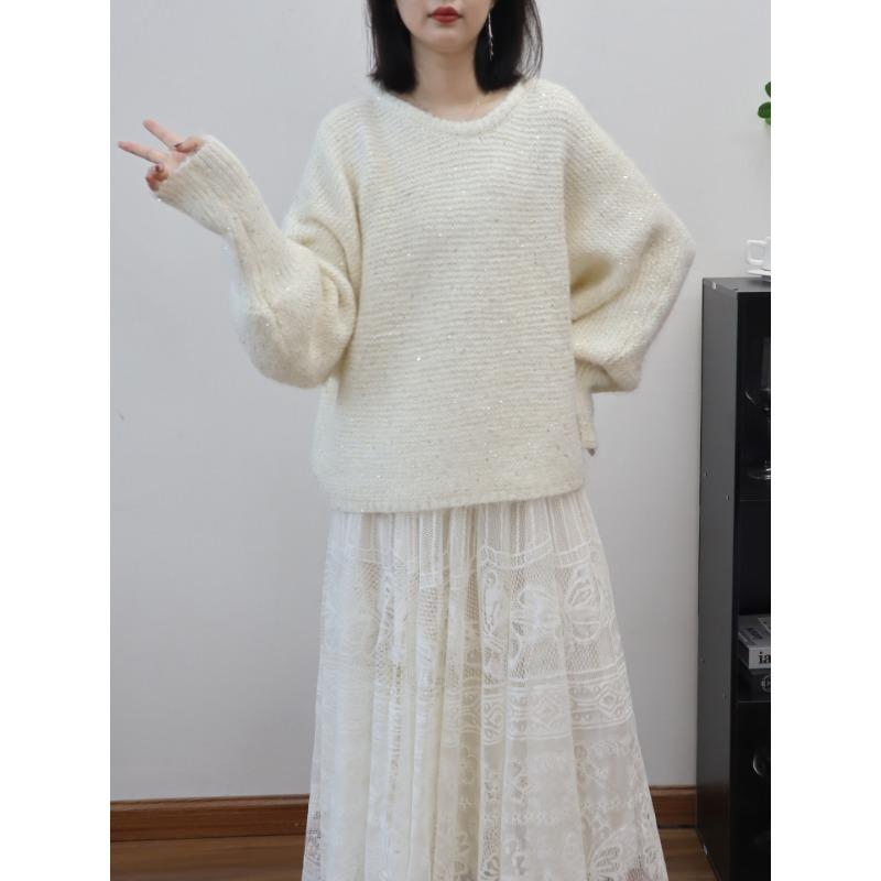 Autumn and Winter New Back Strap Bow Knitted Sweater Top Sequined Design Loose Sweater Pullover Woman