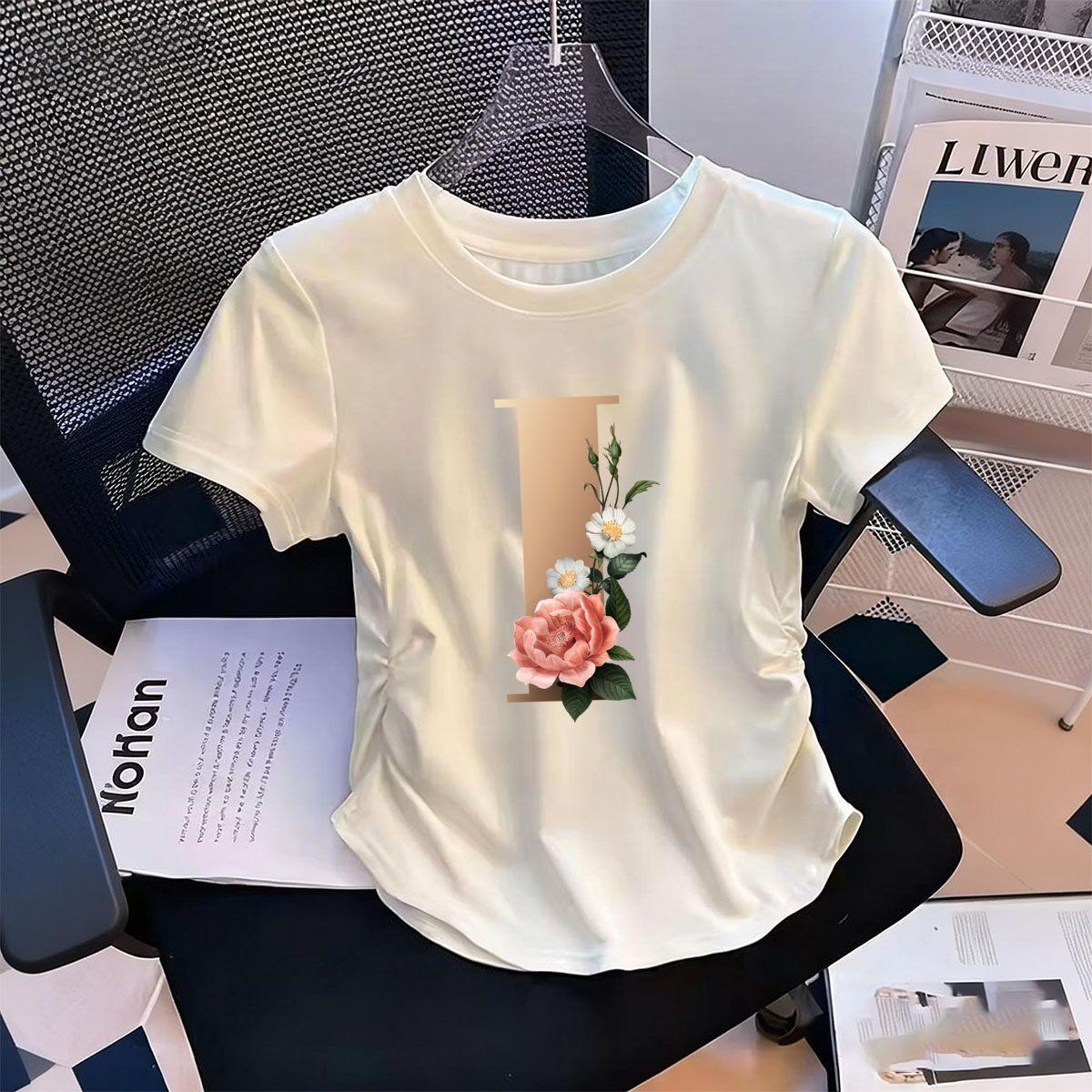 

Womens WaistDefining Elastic T Shirt Floral Letters I printed Short Sleeve Round Neck top tee Summer tshirts S
