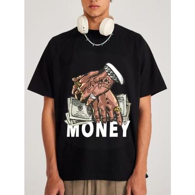Camiseta Preta Estampa Mão de Dinheiro Com Notas de Dólar e Texto Para Moda Streetwear