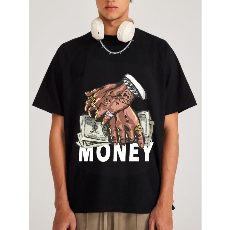 Schwarzes T-Shirt Geld Handabdruck mit Dollarscheinen und Text für Streetwear-Mode