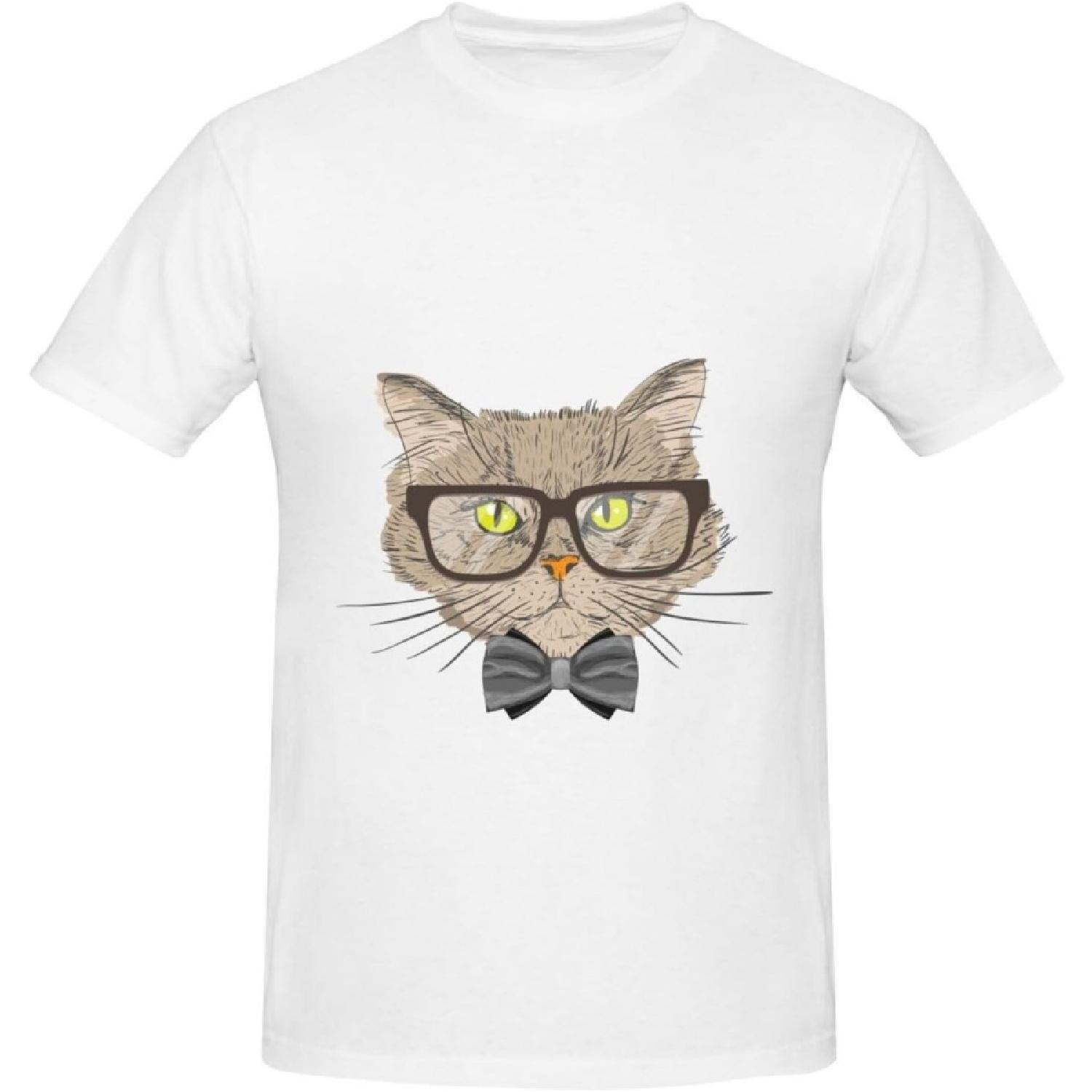 Cat with Bow Tie and Glasses T-Shirt Cotton Short Sleeve for Men Women T-Shirt S