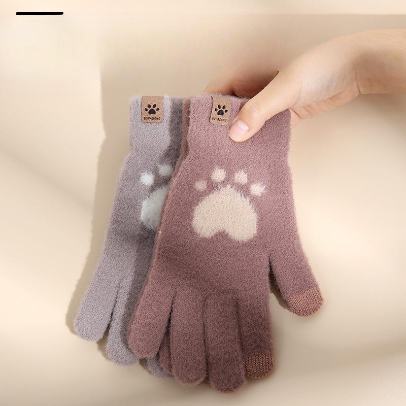 Touch Screen Cat Claw Cold-proof and Warm Gloves for Women Velvet Thickened Wool Knitted Gloves for Autumn and Winter