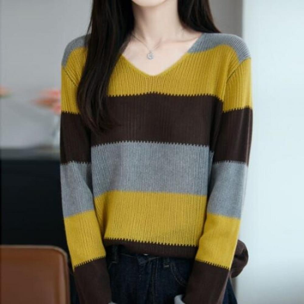NaVaVa Women Bicolor Striped V Neck Long sleeVe Knit Top Nk3205