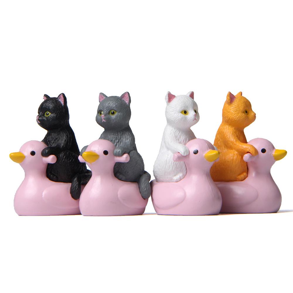 Playful Water Series: Hand-Painted Cat & Kitten Figurines on Pink Ducks for Micro Landscape Gardening