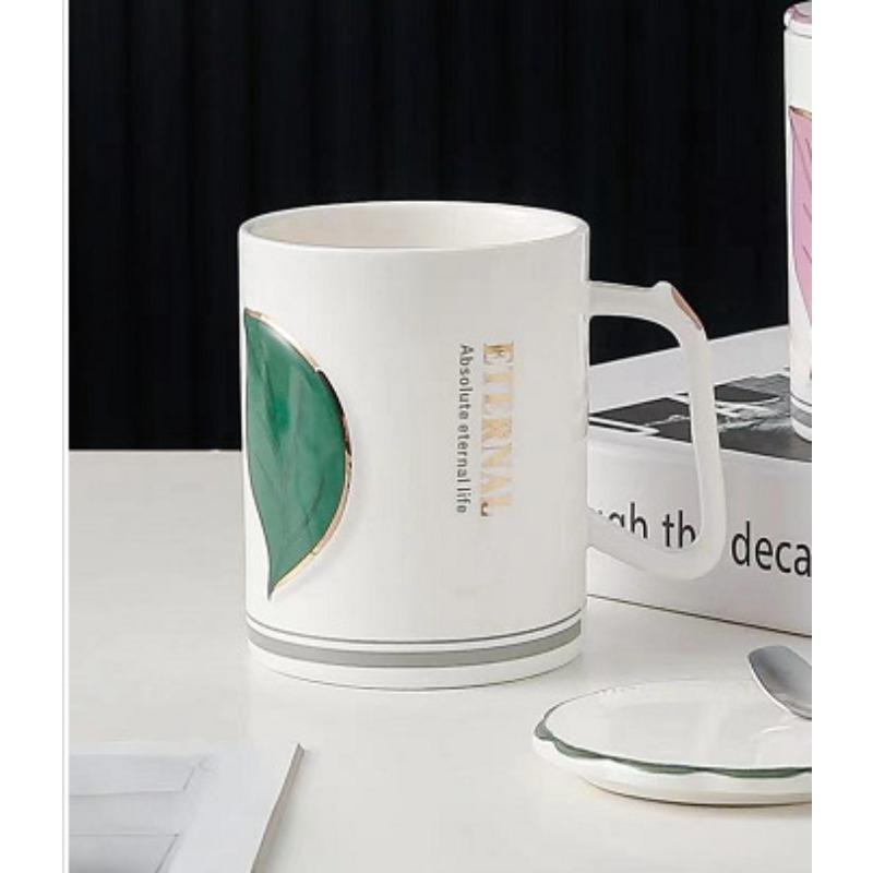 Creative Embossed Gold Leaf Ceramic Cup with Lid Spoon Afternoon Tea Coffee Cup Couple Mug Exquisite Souvenir Cup