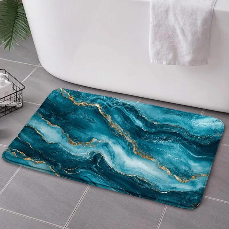 VIKAMA Teal Marble Effect Bathroom Mat Soft Comfort Non Slip Absorbent Modern Home Decorative Floor Mat Bath Rug Supplies