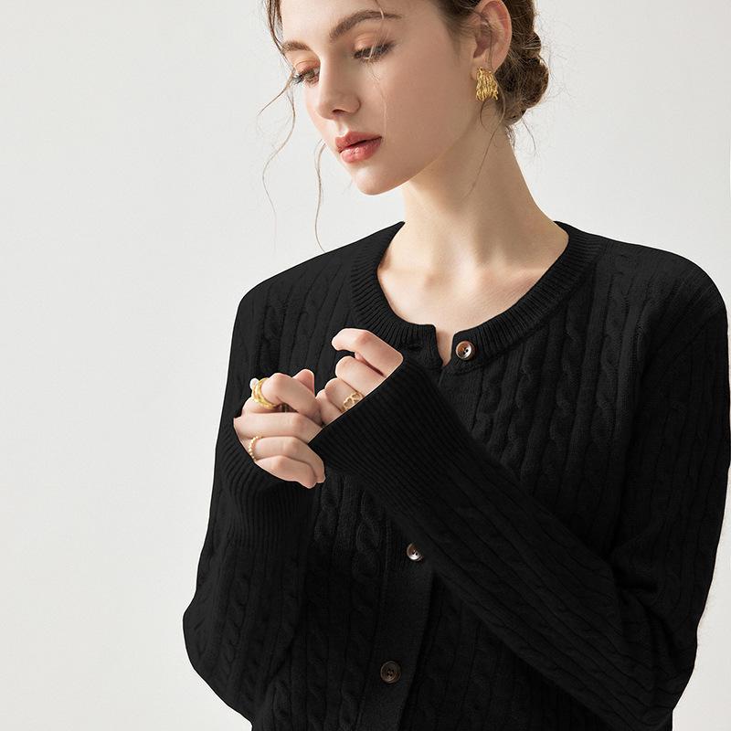 Elegant Twisted Cable Cashmere Cardigan - 2026 Autumn/Winter Women's Round Neck Thick Base Layer, Loose yet Slimming Outerwear