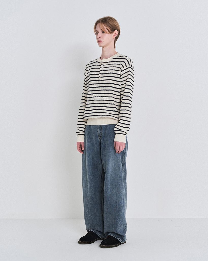 Pokeopeiseu Cable Stripe Henley Neck Knit Ivory