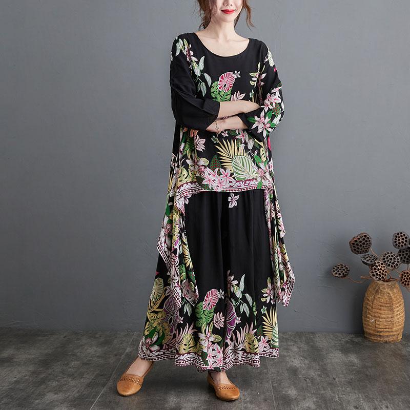 DIMANAF Plus Größe Zwei Stück Set Anzug Frauen Kleidung Vinatge Drucken Elegante Dame Tops Leinen Lose Hosen Weiblichen Anzug Sommer