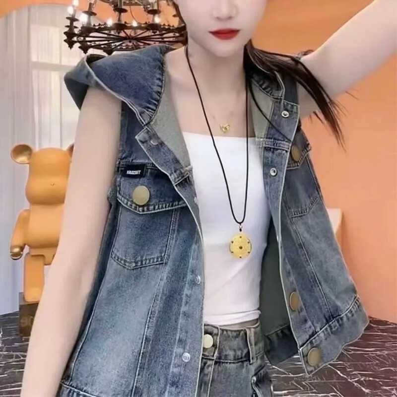 Fashion Denim Vest Women Summer Hooded Thin Lightweight Korean Style Backless Casual Jacket