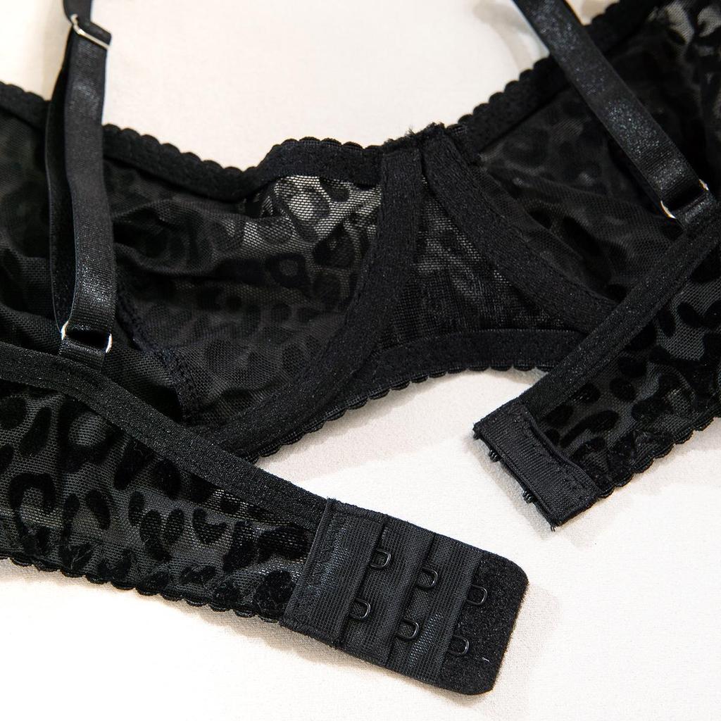 Elegant Black Leopard Print Flocked Transparent Women's Underwire Push-up Lingerie Set with Leg Garter