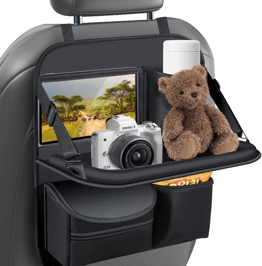 Organizer Samochodowy z Chusteczkami Samochodowymi, Wielofunkcyjny Składany Stolik Samochodowy na Tylne Siedzenie dla Dzieci i Uchwyt na Chusteczki na Tylne Siedzenie z Dużą Wodoodporną Skórzaną Tacą,