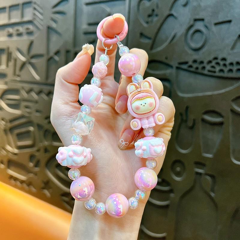 Cute Cartoon Beaded Lanyard & Wrist Strap with Keyring and Bag Charm for Little Girls