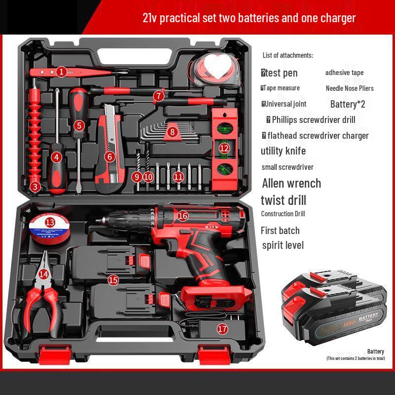 Cordless Lithium Battery Drill Hand Tool Set for Electricians & Carpenters - Multifunctional Repair Kit with Tool Box
